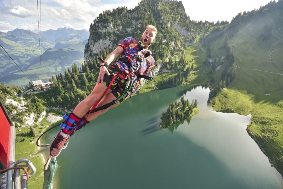 From Interlaken: Stockhorn Bungee Jump - The 440-foot jump: what it feels like from the gondola door