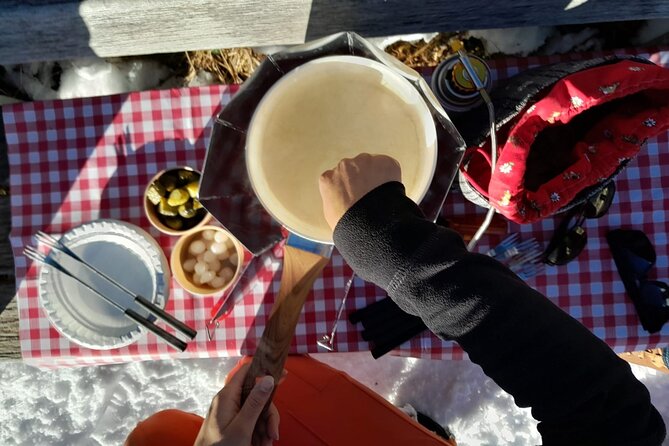 Sledding Cheese Fondue, Chocolate - Fondue stop: bread, pickles, and 100 ml of wine (with a fun culture talk)